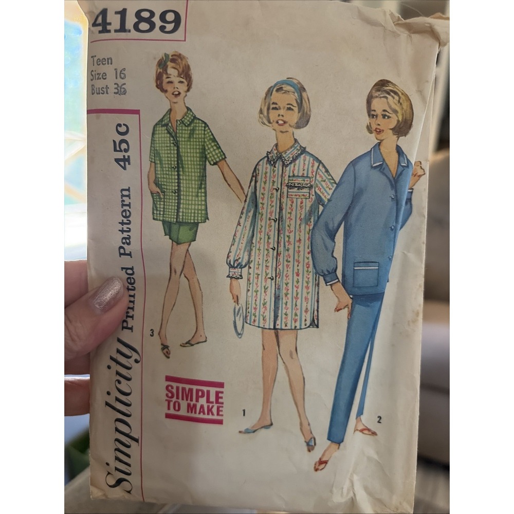 Vintage 1960s Simplicity Sewing Pattern Pajama Sleepcoat 4189 Size Junior 16 Cut